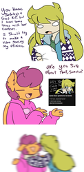 Size: 487x1000 | Tagged: safe, artist:synnibear03, oc, oc only, oc:ponytale scootaloo, human, pegasus, anthro, comic:ponytale, animation meme community, blonde hair, choking, clothes, comic, dialogue, drama, duo, female, hoodie, jacket, mare, open mouth, paper, persona, sashley, simple background, white background, youtube