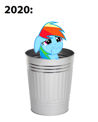 Size: 844x1048 | Tagged: safe, edit, rainbow dash, pegasus, pony, g4, 2020, abuse, crying, dashabuse, downvote bait, end of ponies, female, mare, op is a duck, rainbow trash, sad, simple background, solo, text, trash can, white background