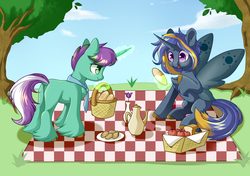 Size: 2496x1760 | Tagged: safe, oc, oc only, oc:lunarstarpony, apple, basket, bread, cookie, flower, food, picnic blanket, tree, unshorn fetlocks