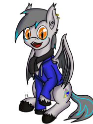 Size: 1500x2000 | Tagged: safe, artist:tunrae, oc, oc only, bat pony, pony, bat pony oc, clothes, commission, happy, hoodie, raised hoof, scarf, simple background, sitting, slit pupils, smiling, solo, transparent background, unshorn fetlocks