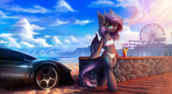 Size: 4183x2300 | Tagged: safe, artist:atlas-66, oc, oc only, oc:andromeda galaktika, bat pony, semi-anthro, arm hooves, bat pony oc, beach, belly button, bikini, bipedal, car, clothes, crossover, drink, fangs, female, ferris wheel, glass, glasses, grand theft auto, los santos, mare, ocean, pier, rockstar games, sand, solo, straw, swimsuit, vehicle, video game crossover