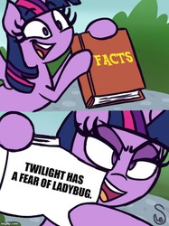 Size: 500x667 | Tagged: safe, artist:quarium edits, twilight sparkle, alicorn, pony, g4, interseason shorts, starlight the hypnotist, book, exploitable meme, female, meme, solo, twilight hates ladybugs, twilight sparkle (alicorn), twilight's fact book