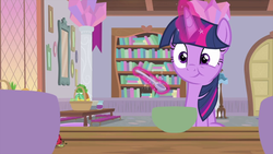 Size: 1280x720 | Tagged: safe, screencap, twilight sparkle, alicorn, insect, ladybug, pony, g4, starlight the hypnotist, spoiler:interseason shorts, book, bookshelf, bowl, chewing, cute, eating, female, glowing horn, horn, magic, mare, solo, spoon, table, twiabetes, twilight sparkle (alicorn)