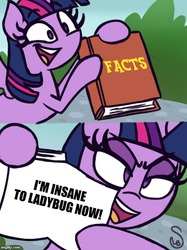 Size: 500x667 | Tagged: safe, artist:quarium edits, twilight sparkle, alicorn, pony, g4, book, caption, engrish, exploitable meme, female, grammar error, image macro, meme, solo, text, twilight hates ladybugs, twilight sparkle (alicorn), twilight's fact book