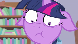 Size: 1280x720 | Tagged: safe, screencap, twilight sparkle, alicorn, pony, g4, starlight the hypnotist, spoiler:interseason shorts, book, bookshelf, close-up, eating, faic, female, floppy ears, mare, reaction image, solo, terrified, twilight sparkle (alicorn), twilight sparkle is best facemaker