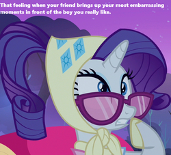 Size: 792x720 | Tagged: safe, edit, edited screencap, screencap, rarity, pony, g4, season 3, sleepless in ponyville, camping outfit, clothes, cropped, embarrassed, fainting couch, female, headscarf, night, ponytail, scarf, slippers, solo, sunglasses, text, tfw, wide eyes