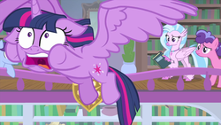 Size: 1280x720 | Tagged: safe, screencap, berry blend, berry bliss, november rain, silverstream, twilight sparkle, alicorn, classical hippogriff, earth pony, hippogriff, ladybug, pony, g4, starlight the hypnotist, spoiler:interseason shorts, book, faic, female, floppy ears, flying, friendship student, library, majestic as fuck, raised eyebrow, running away, scared, twilight sparkle (alicorn)
