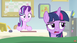 Size: 1910x1080 | Tagged: safe, screencap, starlight glimmer, twilight sparkle, alicorn, pony, g4, interseason shorts, starlight the hypnotist, bags under eyes, guidance counselor, hypnosis, hypnotized, spoiler, starlight's office, tired, twilight sparkle (alicorn), worried