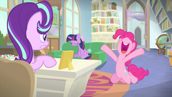 Size: 1280x720 | Tagged: safe, screencap, pinkie pie, starlight glimmer, twilight sparkle, alicorn, pony, g4, interseason shorts, starlight the hypnotist, hypnosis, hypnotized, inconvenient pinkie, nose in the air, twilight sparkle (alicorn)