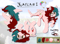 Size: 4500x3338 | Tagged: safe, artist:fiyawerks, oc, oc only, oc:kaylani, original species, pony, shark pony, color palette, female, glasses, goggles, on back, paraglider, reference sheet, solo, stripes, text