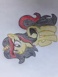 Size: 4128x3096 | Tagged: safe, artist:juani236, oc, oc only, unnamed oc, alicorn, pony, spider, alicorn oc, black hair, red hair, sideways image, solo, traditional art