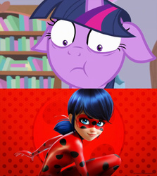 Size: 600x672 | Tagged: safe, edit, edited screencap, screencap, twilight sparkle, alicorn, human, pony, g4, interseason shorts, starlight the hypnotist, bodysuit, bookshelf, clothes, female, floppy ears, ladybug (miraculous ladybug), marinette dupain-cheng, mask, miraculous ladybug, twilight hates ladybugs, twilight is afraid of miraculous ladybug, twilight sparkle (alicorn)