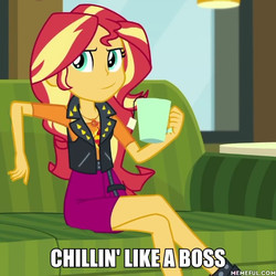 Size: 600x600 | Tagged: safe, edit, edited screencap, screencap, sunset shimmer, equestria girls, g4, my little pony equestria girls: better together, text support, text support: sunset shimmer, caption, coffee mug, cropped, crossed legs, female, food, geode of empathy, image macro, impact font, legs, like a boss, magical geodes, memeful.com, mug, smug, smugset shimmer, solo, tea, text