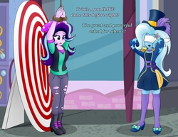 Size: 4260x3292 | Tagged: safe, artist:poseidonathenea, starlight glimmer, trixie, equestria girls, g4, my little pony equestria girls: better together, street magic with trixie, blindfold, day, hat, sword, target, this will end in death, this will end in jail time, this will end in tears, this will end in tears and/or death, tied up, top hat, trick, weapon, zettai ryouiki