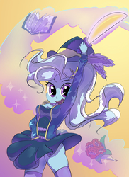 Size: 3200x4400 | Tagged: safe, artist:hananpacha, trixie, equestria girls, g4, my little pony equestria girls: better together, street magic with trixie, bouquet, clothes, cute, diatrixes, female, flower, hat, implied sci-twi, magic, open mouth, schrödinger's pantsu, sideass, skirt, skirt lift, socks, solo, sword, telekinesis, thigh highs, thighs, weapon, zettai ryouiki
