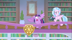 Size: 1366x767 | Tagged: safe, screencap, silverstream, twilight sparkle, alicorn, classical hippogriff, hippogriff, pony, g4, interseason shorts, starlight the hypnotist, book, bookshelf, confused, duo, female, majestic as fuck, open mouth, scared, screaming, spread wings, twilight hates ladybugs, twilight sparkle (alicorn), wings