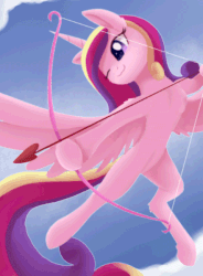 Size: 441x600 | Tagged: safe, artist:dusthiel, artist:szafir87, princess cadance, alicorn, pony, g4, animated, arrow, bow (weapon), bow and arrow, female, flying, gif, heart, heart arrow, mare, missing accessory, one eye closed, solo, weapon