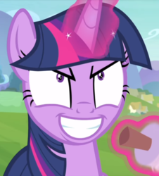 Size: 693x767 | Tagged: safe, screencap, twilight sparkle, alicorn, pony, g4, interseason shorts, starlight the hypnotist, >:d, cropped, evil grin, female, grin, hypnosis, hypnotized, mare, smiling, solo, twilight snapple, twilight sparkle (alicorn), twilynanas