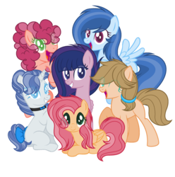 Size: 1816x1832 | Tagged: safe, artist:browniepawyt, artist:malachitebases, oc, oc only, unnamed oc, earth pony, pegasus, pony, unicorn, base used, blank flank, bow, choker, colored pupils, eye clipping through hair, female, floating, group shot, looking at you, mare, next generation, offspring, one eye closed, open mouth, parent:applejack, parent:big macintosh, parent:caramel, parent:cheese sandwich, parent:fancypants, parent:flash sentry, parent:fluttershy, parent:pinkie pie, parent:rainbow dash, parent:rarity, parent:soarin', parent:twilight sparkle, parents:carajack, parents:cheesepie, parents:flashlight, parents:fluttermac, parents:raripants, parents:soarindash, prone, raised hoof, simple background, sitting, smiling, tail bow, transparent background, wink