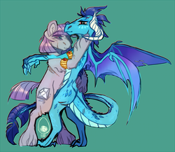 Size: 1500x1302 | Tagged: safe, artist:eqq_scremble, derpibooru exclusive, maud pie, princess ember, dragon, earth pony, pony, eqqverse, g4, bracelet, crack shipping, dancing, female, headcanon, headcanon in the description, jewelry, lesbian, maudember, on hind legs, scar, shipping, simple background, stupid sexy maud pie, stupid sexy princess ember, unshorn fetlocks