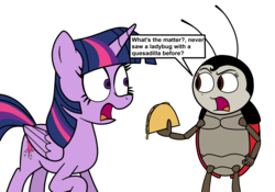 Size: 1897x1325 | Tagged: safe, artist:eagc7, twilight sparkle, alicorn, insect, ladybug, pony, g4, interseason shorts, starlight the hypnotist, a bug's life, coccinellidaephobia, comic, crossover, dialogue, disney, fear, female, food, francis, male, mare, phobia, pixar, quesadilla, scared, simple background, terrified, text, they're just so cheesy, transparent background, twilight sparkle (alicorn)