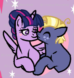 Size: 289x306 | Tagged: dead source, safe, artist:xxbronziemoonytxx, star tracker, twilight sparkle, alicorn, pony, g4, alternate hairstyle, blushing, eyes closed, female, kissing, male, pixel art, ship:twitracker, shipping, straight, twilight sparkle (alicorn)