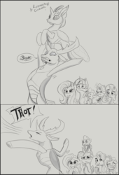 Size: 2190x3224 | Tagged: safe, artist:firimil, fluttershy, spike, starlight glimmer, thorax, trixie, twilight sparkle, alicorn, changedling, changeling, dragon, pegasus, pony, unicorn, g4, :i, annoyed, begone thot, bipedal, bugs doing bug things, climbing, comic, cute bug noises, descriptive noise, dialogue, eating, eyes closed, faic, fanfic, fanfic art, fanfic cover, fastball special, female, floppy ears, food, frown, glowing horn, grayscale, grin, gritted teeth, high res, hoof hold, hooves together, horn, king thorax, lidded eyes, lip bite, magic, mare, mismatched eyes, missing accessory, monochrome, open mouth, popcorn, puffy cheeks, raised eyebrow, raised hoof, simple background, sitting, smiling, squee, thot, throwing, twilight sparkle (alicorn), underhoof, watching, wide eyes, yeet