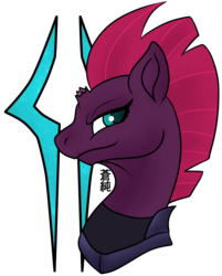 Size: 1009x1252 | Tagged: safe, artist:soujun, tempest shadow, pony, unicorn, g4, broken horn, bust, female, horn, looking at you, simple background, solo, storm king's emblem, transparent background