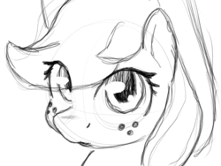 Size: 1440x1080 | Tagged: safe, artist:lurker, applejack, earth pony, pony, g4, bust, close-up, cute, eye clipping through hair, face, female, freckles, grayscale, hat, lineart, looking at you, mare, monochrome, simple background, sketch, white background
