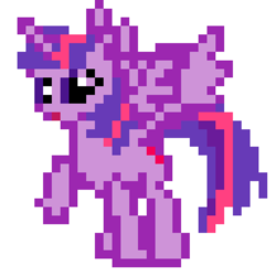 Size: 960x960 | Tagged: safe, artist:joeydr, twilight sparkle, alicorn, pony, g4, female, looking at you, mare, open mouth, pixel art, raised hoof, simple background, smiling, solo, spread wings, transparent background, twilight sparkle (alicorn), wings