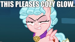 Size: 1920x1080 | Tagged: safe, edit, edited screencap, screencap, cozy glow, pegasus, pony, g4, school raze, bedroom eyes, caption, cozy glow is best facemaker, evil grin, eyebrows, eyelashes, faic, female, filly, freckles, grin, image macro, imgflip, impact font, lip bite, meme, smiling, solo, spread wings, text, wings