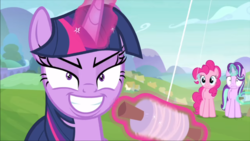 Size: 1366x769 | Tagged: safe, screencap, pinkie pie, starlight glimmer, twilight sparkle, alicorn, earth pony, pony, unicorn, g4, interseason shorts, starlight the hypnotist, evil face, evil smile, faic, female, glare, glowing horn, grin, gritted teeth, horn, hypnosis, hypnotized, kite, levitation, lidded eyes, looking at you, magic, mare, nervous, pinkie being pinkie, pinkie physics, prehensile mane, rapeface, scared, smiling, telekinesis, twilight snapple, twilight sparkle (alicorn), twilynanas, wide eyes, worried