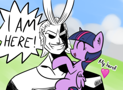 Size: 1954x1432 | Tagged: safe, artist:artiks, twilight sparkle, alicorn, pony, g4, all might, crossover, crossover shipping, dialogue, female, floating heart, heart, male, manga, mare, my hero academia, shipping, speech bubble, straight, twilight sparkle (alicorn), twimight
