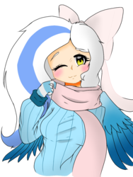 Size: 900x1200 | Tagged: safe, artist:scarlettlicious, oc, oc:fleurbelle, alicorn, human, adorabelle, adorable face, alicorn oc, blushing, bow, clothes, cute, female, gloves, hair bow, humanized, long hair, one eye closed, ribbon, scarf, sweater, wings, wink, yellow eyes