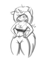 Size: 768x974 | Tagged: safe, artist:tunderi, oc, oc only, oc:tess, unicorn, anthro, angry, annoyed, anthro oc, belly button, clothes, grumpy, hand on hip, lineart, midriff, monochrome, pants, standing, tank top