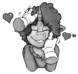 Size: 2364x2246 | Tagged: safe, artist:denzel, oc, oc:idle thoughts, griffon, pony, unicorn, afro, claws, clothes, cute, high res, love, monochrome, petting, sweater