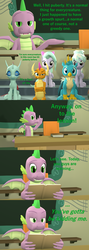 Size: 1920x5400 | Tagged: safe, artist:papadragon69, cloudchaser, flitter, gallus, ocellus, smolder, spike, dragon, comic:spike's cyosa, g4, 3d, binder, book, canterlot high, chair, classroom, comic, cyoa, desk, growth spurt, lying, older, older spike, source filmmaker, suspicious, teenage spike, teenager, winged spike, wings, you've got to be kidding me
