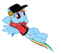 Size: 3315x2947 | Tagged: safe, artist:darkgloones, rainbow dash, pony, g4, background removed, clothes, cosplay, costume, female, flying, hat, high res, rainbow scout, reclining, scout (tf2), solo, team fortress 2, vector