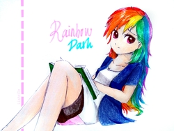 Size: 2311x1737 | Tagged: safe, artist:liaaqila, rainbow dash, human, g4, beautiful, book, clothes, compression shorts, cute, dashabetes, female, humanized, jacket, legs, miniskirt, moe, multicolored hair, shorts, simple background, skirt, skirt lift, solo, traditional art, white background