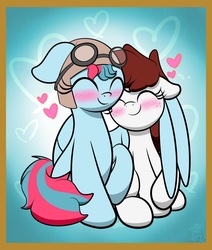Size: 1733x2048 | Tagged: safe, artist:php142, oc, oc only, oc:aurora breeze, oc:graph travel, pegasus, pony, aviator goggles, aviator hat, blushing, commission, eyes closed, female, floppy ears, freckles, goggles, hat, heart, lesbian, mare, oc x oc, shipping, snuggling, wing hold, ych result