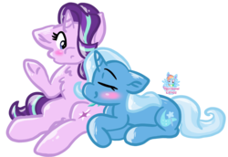 Size: 1226x844 | Tagged: safe, artist:rainbow eevee, starlight glimmer, trixie, g4, cute, cutie mark, female, lesbian, ship:startrix, shipping, simple background, transparent background