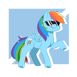 Size: 700x700 | Tagged: safe, artist:lapume, rainbow dash, pony, g4, abstract background, female, grin, raised hoof, signature, smiling, solo, sunglasses