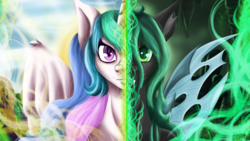 Size: 4800x2700 | Tagged: dead source, safe, artist:countessmrose, princess celestia, queen chrysalis, alicorn, changeling, changeling queen, pony, g4, disguise, disguised changeling, female, solo