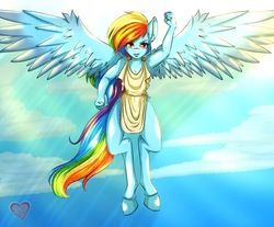 Size: 3258x2700 | Tagged: safe, artist:lucaaegus, rainbow dash, anthro, unguligrade anthro, g4, breasts, cleavage, clothes, cloud, female, fist pump, flying, high res, lips, signature, sky, smiling, solo, spread wings, sunlight, toga, wings