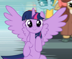 Size: 1133x936 | Tagged: safe, screencap, ocellus, twilight sparkle, yona, alicorn, changedling, changeling, pony, yak, g4, season 8, c:, cropped, cute, female, intro, looking at you, mare, sitting, smiling, solo focus, spread wings, theme song, twiabetes, twilight sparkle (alicorn), wings