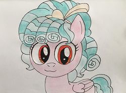 Size: 750x556 | Tagged: artist needed, source needed, safe, cozy glow, pegasus, pony, g4, bow, female, filly, folded wings, hair bow, simple background, solo, traditional art, white background, wings