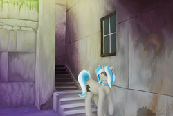 Size: 2256x1504 | Tagged: safe, artist:monkor, oc, oc only, oc:sekr gray, pony, unicorn, bowtie, city, eyepatch, moss, ruins, solo, stairs, stone wall, window, ych result