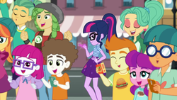 Size: 1920x1080 | Tagged: safe, screencap, doodle bug, gallop j. fry, garden grove, guy grove, lily longsocks, little red, orange sunrise, sandalwood, sci-twi, super funk, twilight sparkle, hedgehog, equestria girls, g4, my little pony equestria girls: better together, street magic with trixie, background human, beanie, burger, cellphone, cheering, clothes, eyes closed, female, food, glasses, hand on hip, hat, jeans, juice, juice box, legs, lidded eyes, looking at you, magic, male, open mouth, pants, phone, ponytail, pose, shirt, skirt, smartphone, smiling, smirk, smug, smuglight sparkle, street, t-shirt, telekinesis, vest