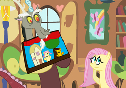 Size: 3144x2196 | Tagged: safe, artist:sb1991, discord, fluttershy, oc, oc:film reel, draconequus, pegasus, pony, g4, embarrassed, fanfic art, fluttershy's cottage, hearts and hooves day, high res, holiday, link in description, puppet, puppet show, valentine's day