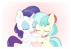 Size: 1536x1049 | Tagged: safe, artist:lyrabop, coco pommel, rarity, earth pony, pony, g4, cocobetes, cute, daaaaaaaaaaaw, eyes closed, eyeshadow, female, floating heart, heart, hug, lesbian, makeup, mare, pink background, raribetes, ship:marshmallow coco, shipping, simple background